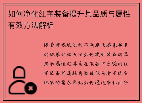 如何净化红字装备提升其品质与属性有效方法解析